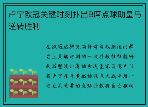 卢宁欧冠关键时刻扑出B席点球助皇马逆转胜利